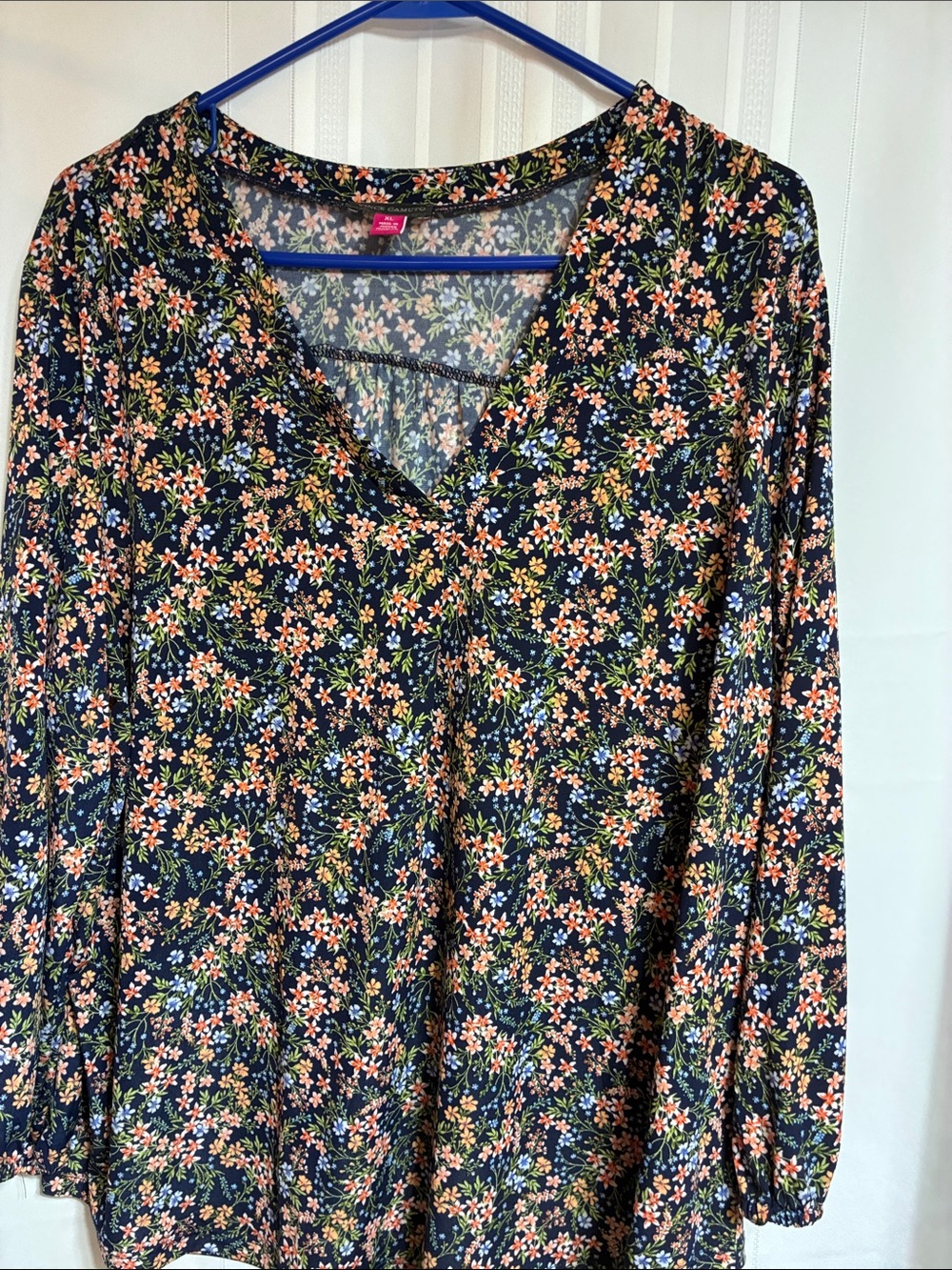 Vince Camuto Navy Floral V-Neck Blouse with Orange & Green Accents